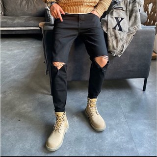 Quần Skinny Jeans Nam AMILY  Màu Đen Rách Gối xẻ phong cách, có dáng slimfit ôm côn vừa tầm
