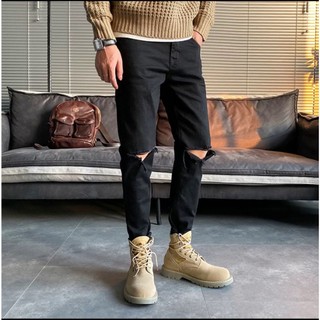Quần Skinny Jeans Nam AMILY  Màu Đen Rách Gối xẻ phong cách, có dáng slimfit ôm côn vừa tầm