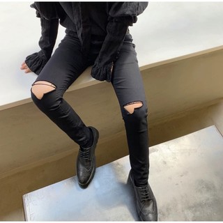 Quần Skinny Jeans Nam AMILY  Màu Đen Rách Gối xẻ phong cách, có dáng slimfit ôm côn vừa tầm