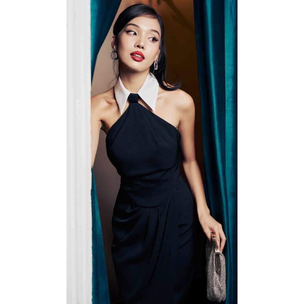Vella Fashion đầm midi không tay cổ vest, đầm dự tiệc VD23113