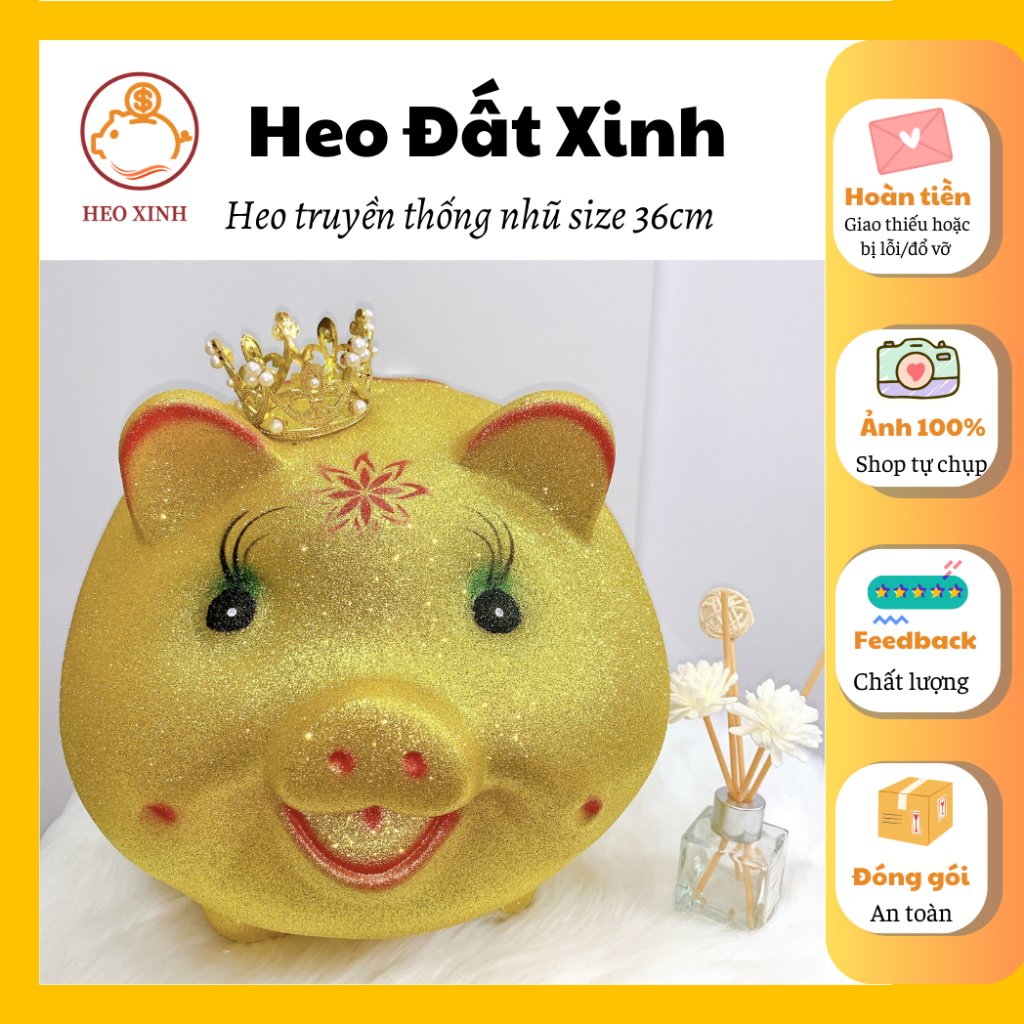 Heo đất/ Lợn đất HEOO XINH mẫu truyền thống nhũ vàng size 36cm TO ĐẠI ...