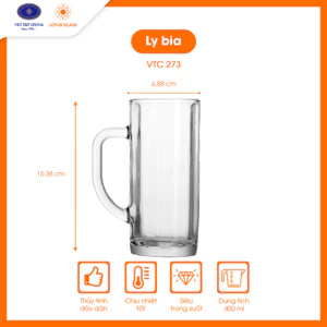 Bộ 6 cốc uống bia thủy tinh LOTUS GLASS VTC273 trong suốt có quai cao cấp, an toàn
