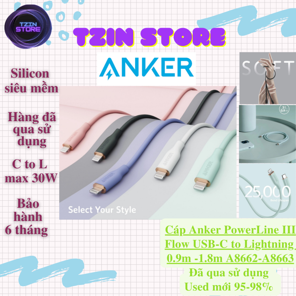 [ Đã qua sử dụng] Dây Cáp Sạc Anker A8662 0.9m và A8663 1.8m PowerLine ...