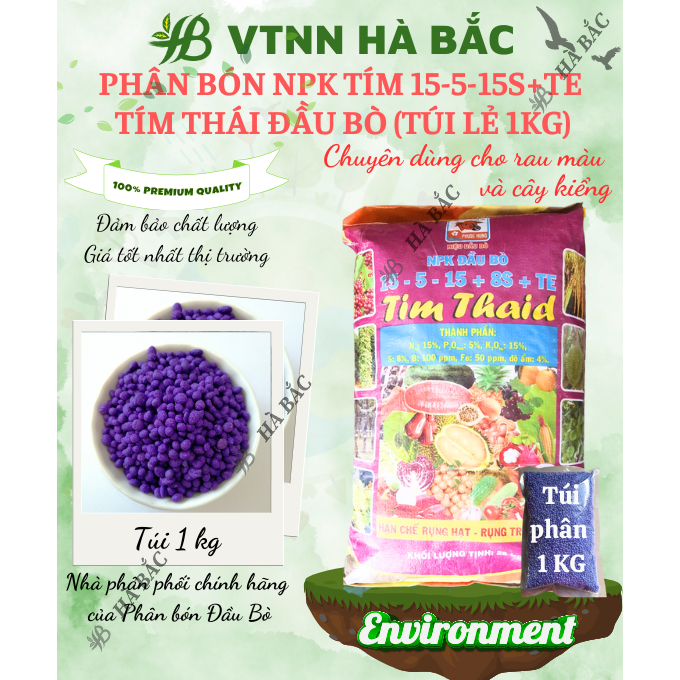 Phân Bón NPK Tím 16-12-8-11S+TE Hiệu Đầu Bò Túi 1KG (bán lẻ) - Kháng Bệnh, Phục Hồi Tăng Trưởng, Giúp Cây Tăng Trưởng