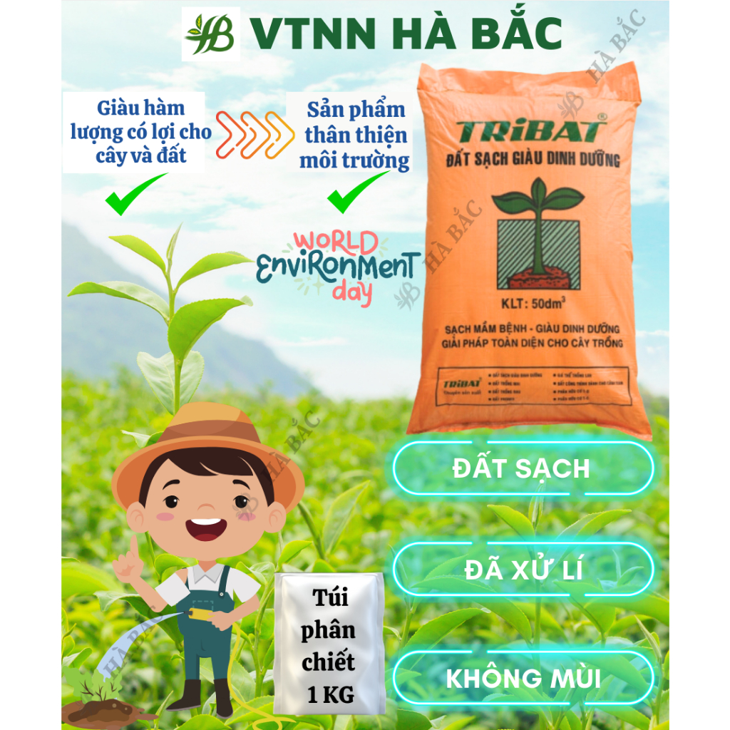 Đất Sạch Tribat 20dm3 Túi 1KG (bán lẻ) - Đất Sạch Giàu Dinh Dưỡng, Sạch Mầm Bệnh