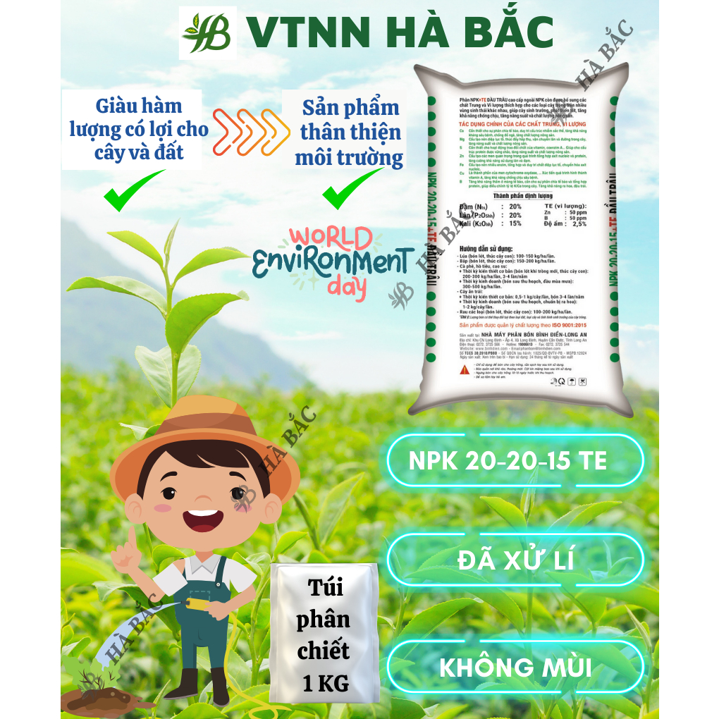 Phân Bón Đầu Trâu NPK 20-20-15+TE Túi 500GR/1KG (Bán Lẻ) - Giúp Tăng Trưởng Mạnh, Chồi Lá Khỏe, Ra Hoa Nhiều, Sai Quả
