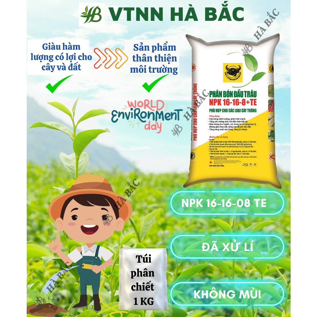 Phân Bón Đầu Trâu NPK 16-16-8+TE Túi 1KG (bán lẻ) - Nảy Chồi, Ra Hoa, Tăng Trưởng Mạnh - Phân Bón Dành Cho Cây Trồng