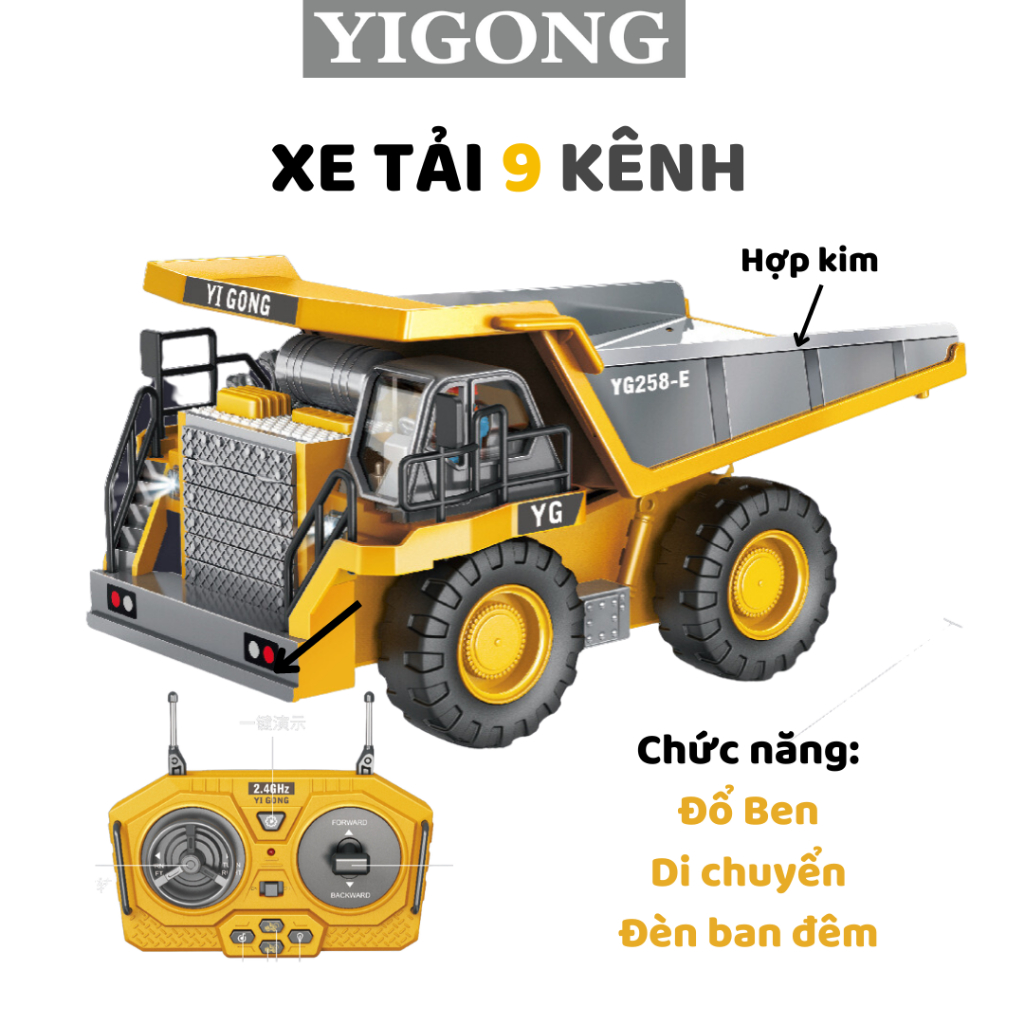 Xe tải điều khiển từ xa YIGONG 9 kênh thùng hợp kim, đồ chơi cho bé, xe công trình NAPIGO
