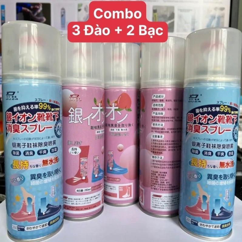 Combo 5 Chai xịt Khử Mùi Giày Nano Bạc Diệt Khuẩn Ngăn Ngừa Hôi Chân Lưu Hương 24h hương Chanh - Đào