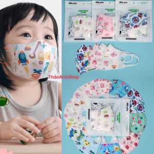 Sét 10 Chiếc Khẩu trang lụa y tế trẻ em 5D Hồng Quân in hình hoạ tiết dễ thương cho bé từ 0 đến 6 tuổi