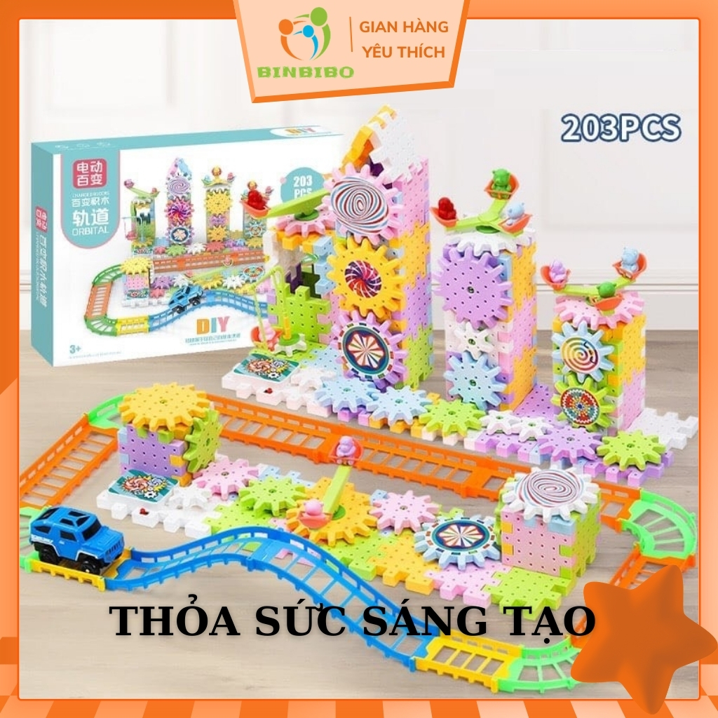 Đồ chơi lắp ráp, lắp ghép mô hình bánh răng chuyển động kèm đường ray xe lửa cho trẻ em - Binbibo