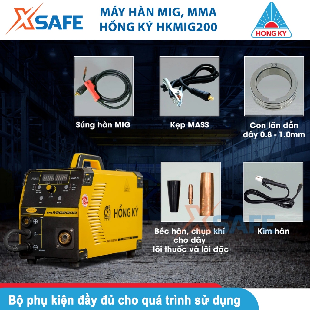 Máy hàn điện tử Hồng Ký HKMIG200S tích hợp hàn MIG, MMA, hàn tốt liên tục 3 phút với dòng 160A