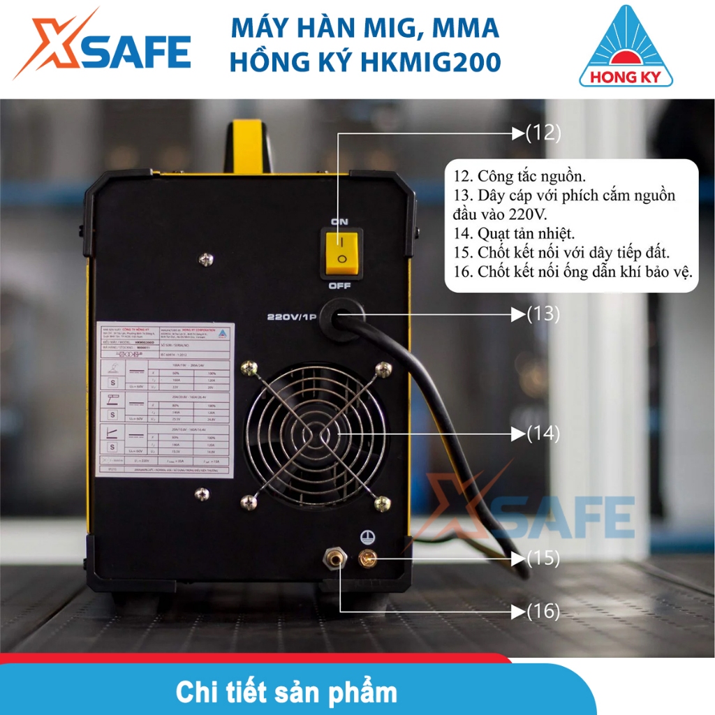 Máy hàn điện tử Hồng Ký HKMIG200S tích hợp hàn MIG, MMA, hàn tốt liên tục 3 phút với dòng 160A