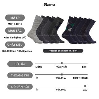Hộp 10 đôi tất cổ cao công sở nam GOMTAT màu xám và xanh, chất liệu cotton, khử mùi thoáng khí - GOM-MIX18-CB10