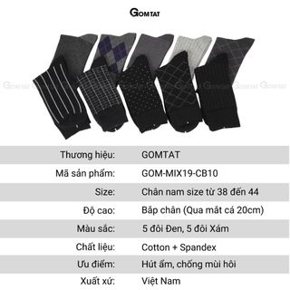 Hộp 10 đôi tất nam giày tây công sở GOMTAT màu đen và xám, chất liệu cotton thoáng mát, khử mùi - GOM-MIX19-CB10