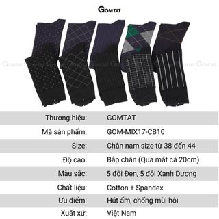 Hộp 10 đôi tất nam đi giày tây GOMTAT màu xanh và đen, vớ công sở nam cổ cao chất liệu cotton cao cấp - GOM-MIX17-CB10