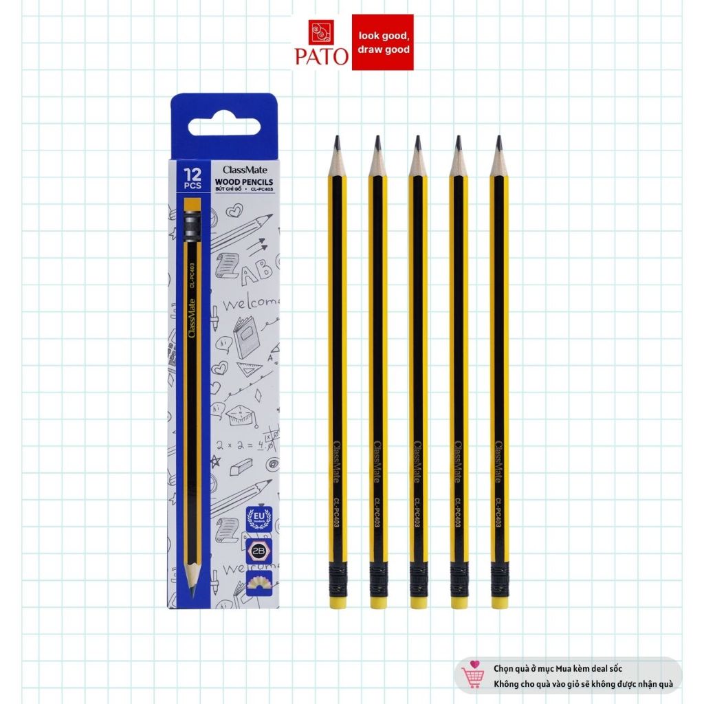 Hộp 12 Chiếc Bút Chì Gỗ Lục Giác Ngòi 2B Kèm Đầu Tẩy Phù Hợp Học Sinh Văn Phòng PC403