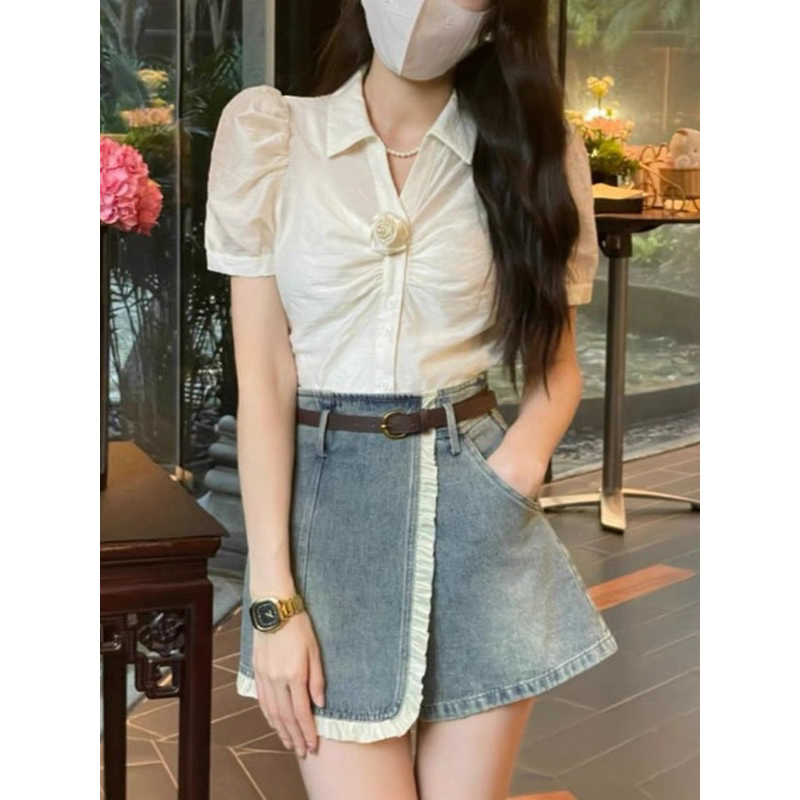 SÉT ÁO TAG HOA QUẦN JEAN GIẢ VÁY KÈM NỊT