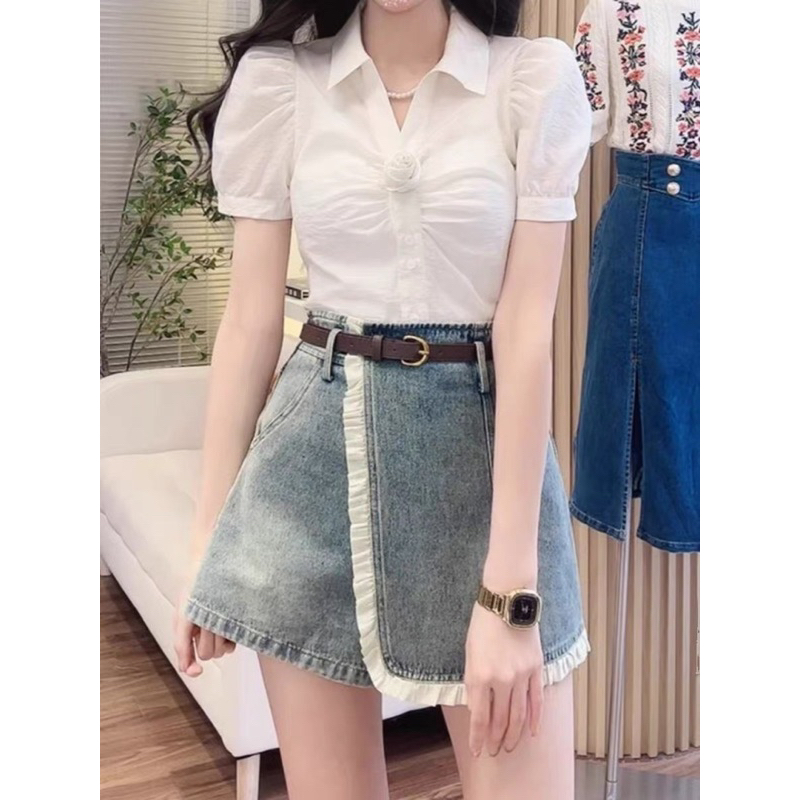 SÉT ÁO TAG HOA QUẦN JEAN GIẢ VÁY KÈM NỊT