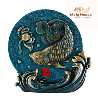 Đĩa đắp nổi cá chép hoa sen Decor phong cách Nhật kèm hộp quà