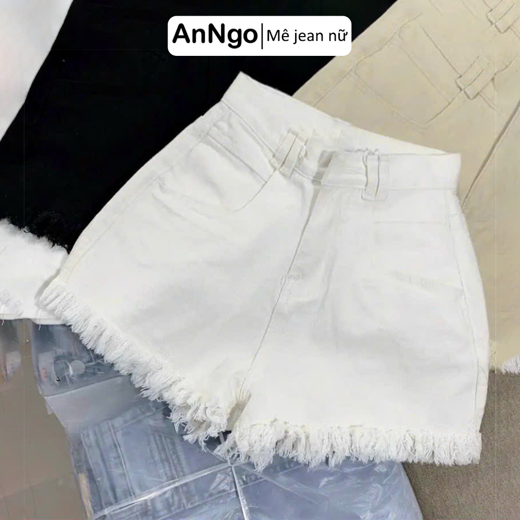 (Có big size) Quần short jean nữ lưng cao rách tua rua phá cách, chất jean kaki không giãn Anngo - AT371