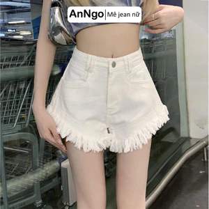 Quần short jean nữ lưng cao rách tua rua phá cách, chất jean kaki không giãn Anngo - AT371