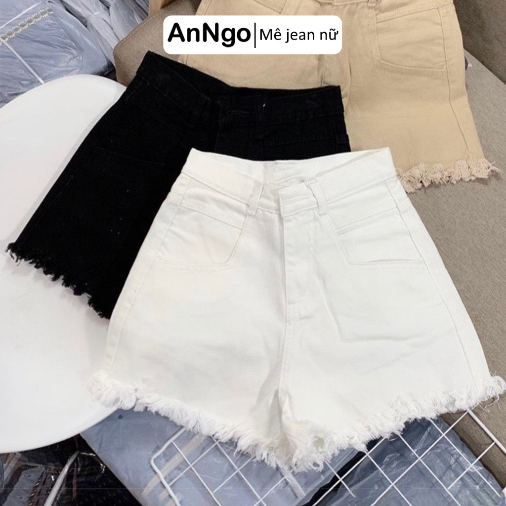 (Có big size) Quần short jean nữ lưng cao rách tua rua phá cách, chất jean kaki không giãn Anngo - AT371