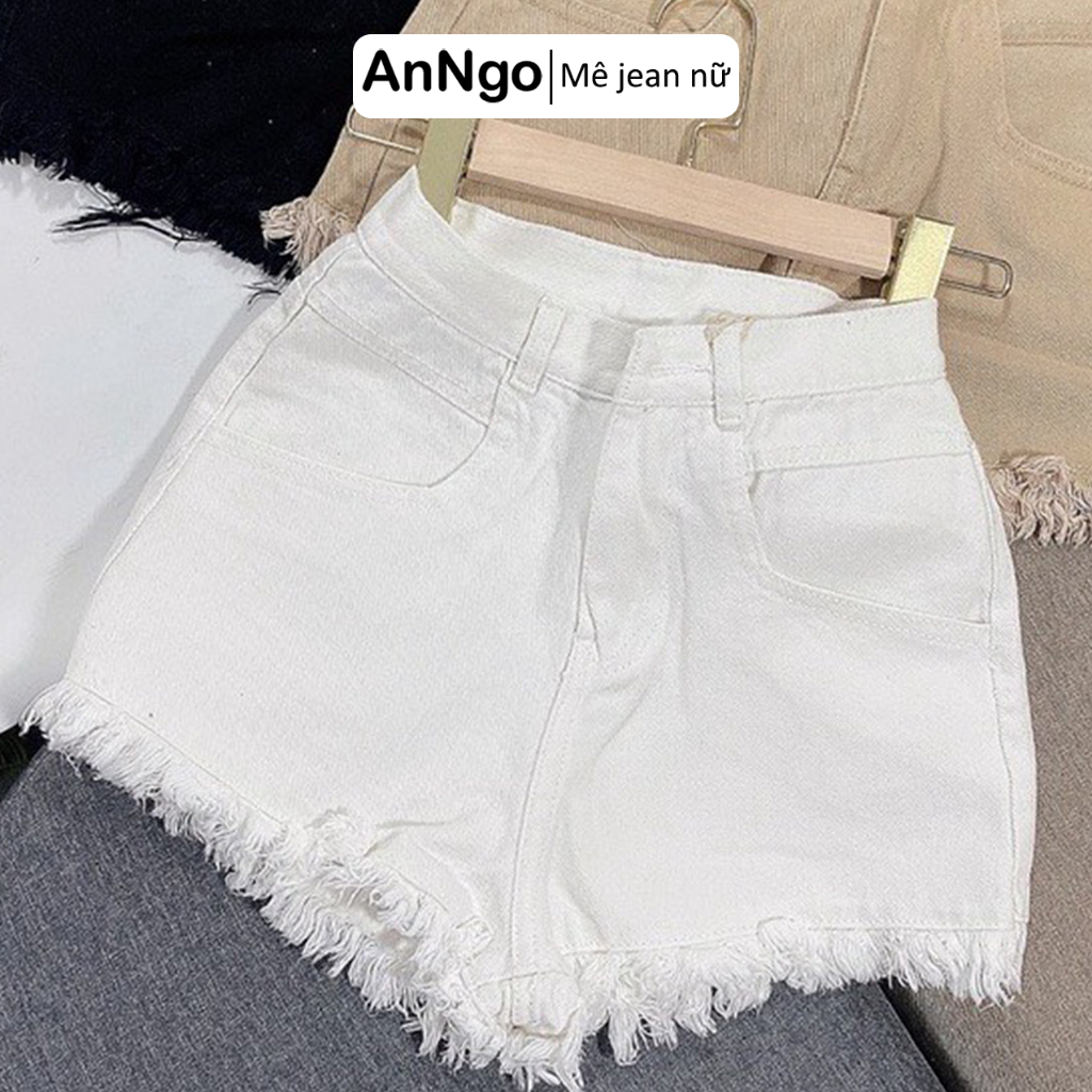 (Có big size) Quần short jean nữ lưng cao rách tua rua phá cách, chất jean kaki không giãn Anngo - AT371