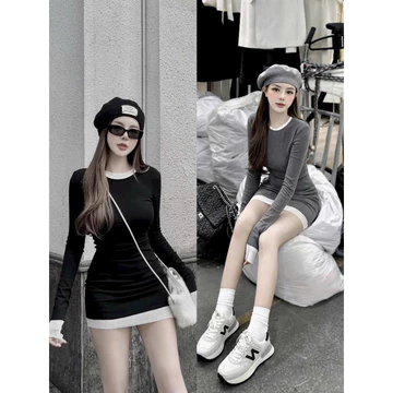 Váy Thun Dài Tay, Váy Body Phối Trắng siêu Hot Vải Thun Zip chất Dày Đẹp Sang Chảnh