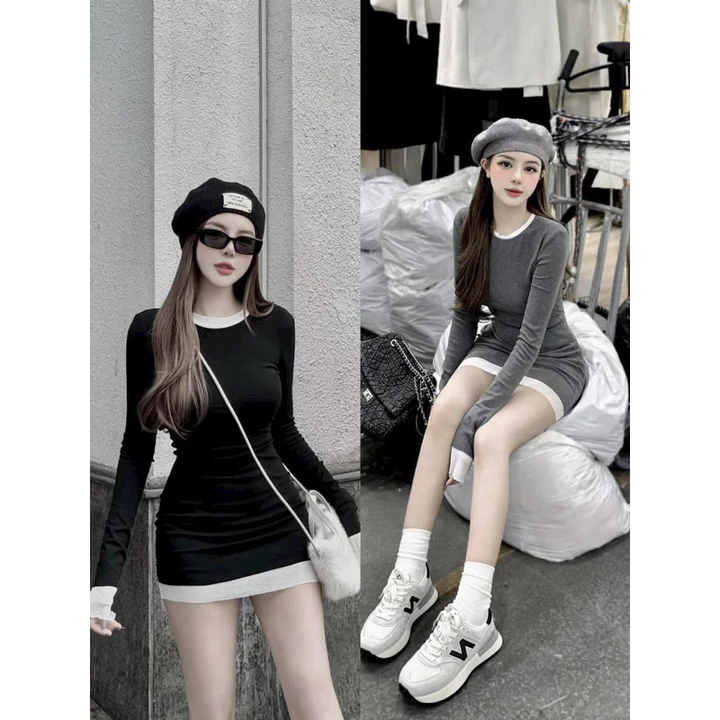 Váy Thun Dài Tay, Váy Body Phối Trắng siêu Hot Vải Thun Zip chất Dày Đẹp Sang Chảnh