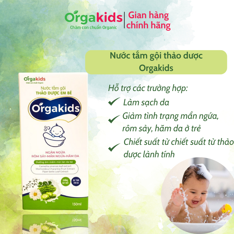 Nước tắm CẬN DATE thảo dược trẻ em Orgakids ngừa rôm sảy, mụn nhọt, mẩn ngứa - lọ 150ml
