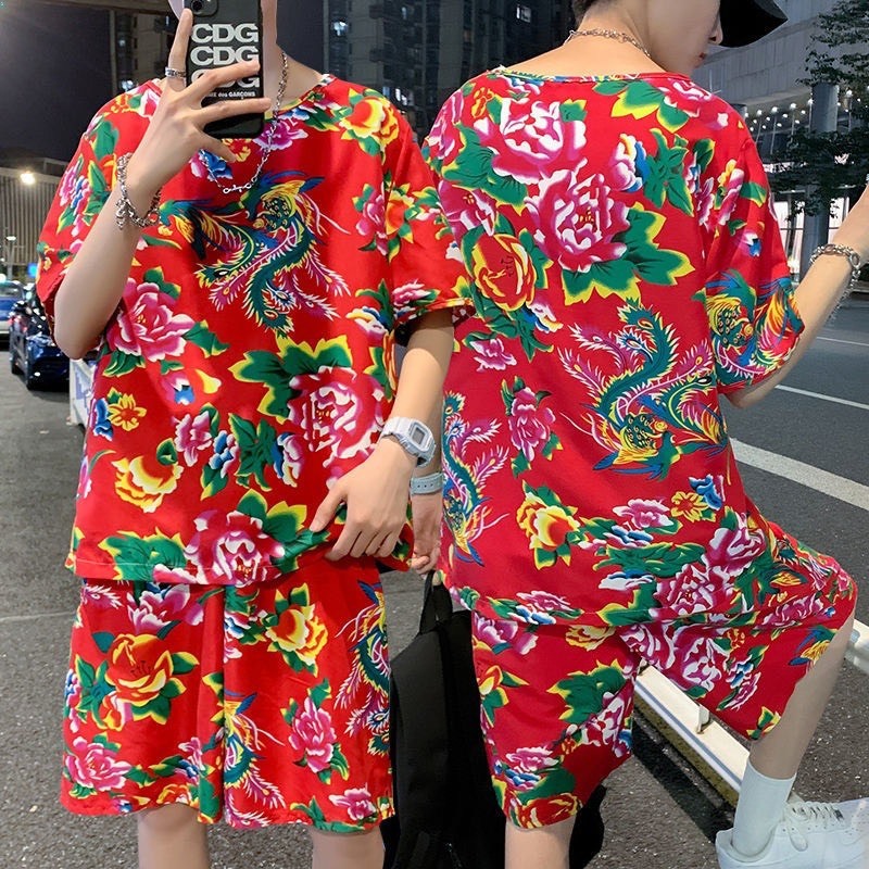 Bộ Đồ Thể Thao hoa lá cành Áo Thun Tay Ngắn Cổ Tròn Phối Quần Ống Rộng Thêu In Hoa Con Công unisex Kl1