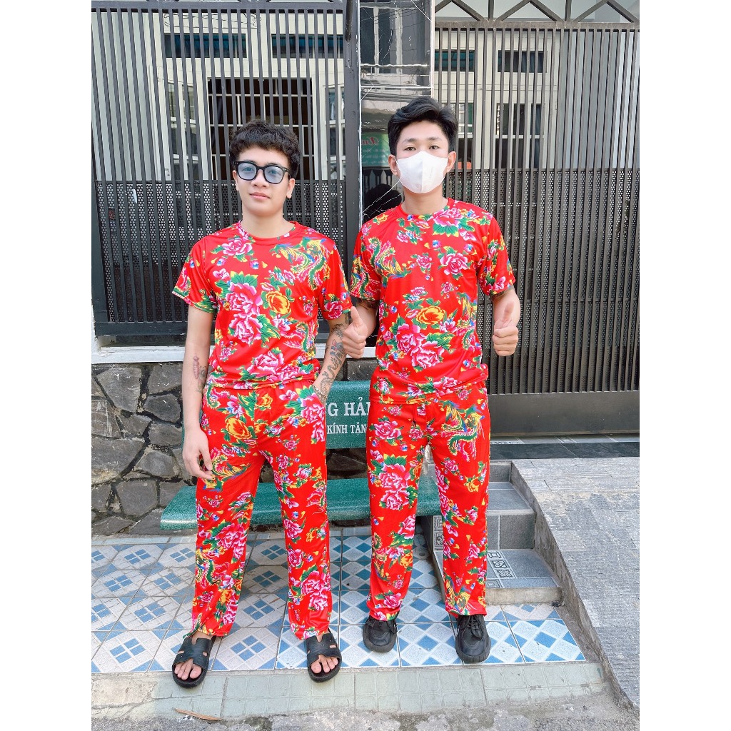 Bộ Đồ Thể Thao hoa lá cành Áo Thun Tay Ngắn Cổ Tròn Phối Quần Ống Rộng Thêu In Hoa Con Công unisex Kl1