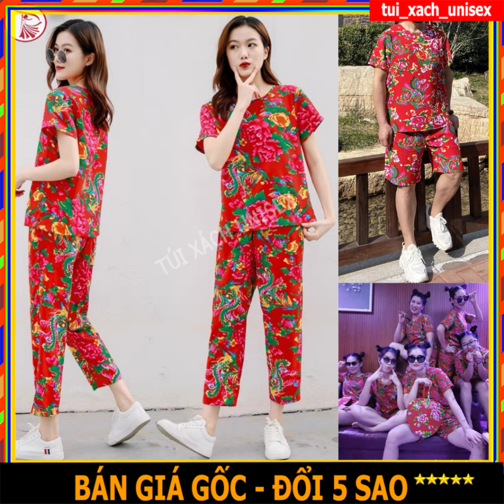 Bộ Đồ Thể Thao hoa lá cành Áo Thun Tay Ngắn Cổ Tròn Phối Quần Ống Rộng Thêu In Hoa Con Công unisex Kl1