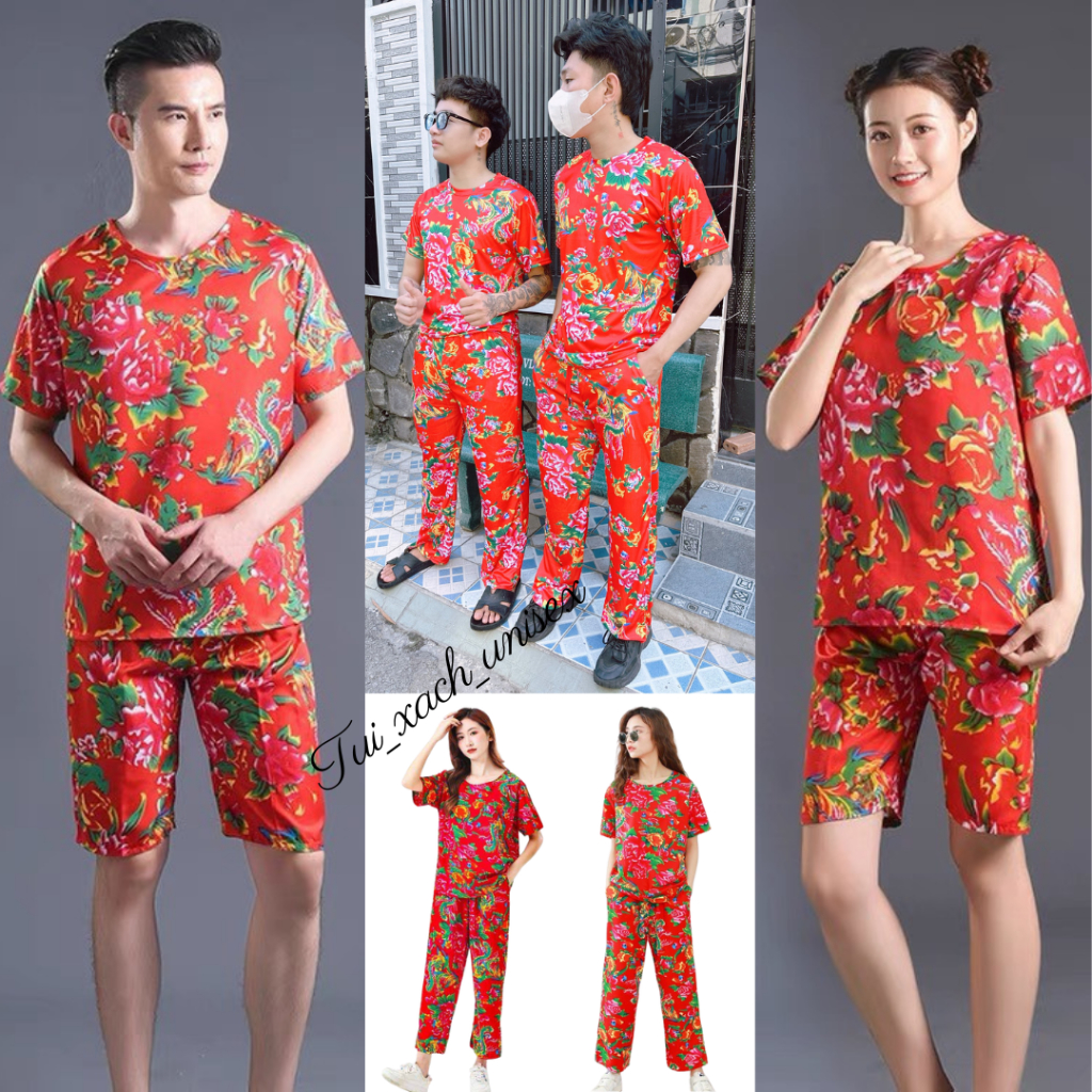 Bộ đùi dài hoa lá cành thể thao nam nữ mặc nhà đi chơi chúc tết -công rồng trải bàn đỏ - unisex Kl1