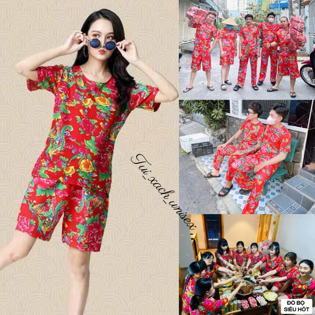 Đồ bộ Dài thu đông Nam Nữ dài tay hoa lá cánh, mặc du xuân ,múa lân, Khăn Trải Bàn Đỏ - unisex Kl1