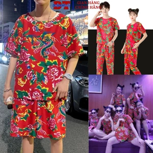 Set đồ thể thao dài nam nữ họa tiết Đui Con Công Chúc Tết Du Xuân Khăn Trải Bàn Đỏ hót trend - KL2