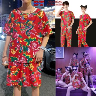 Set đồ thể thao dài nam nữ họa tiết Đui Con Công Chúc Tết Du Xuân Khăn Trải Bàn Đỏ hót trend - KL2
