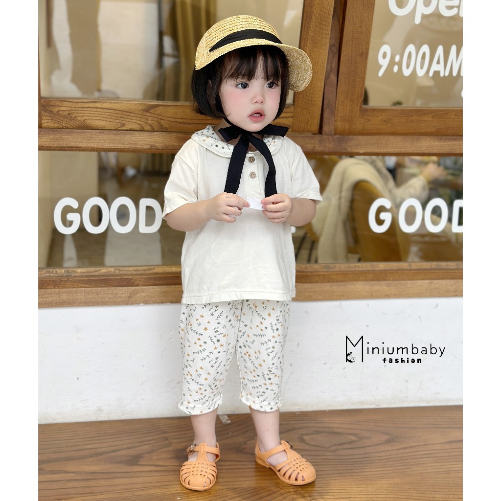Bộ cộc tay cổ sen bé gái Miniumbaby, bộ cộc lửng bé gái chất cotton mềm mịn bé đi học đi chơi SB1537