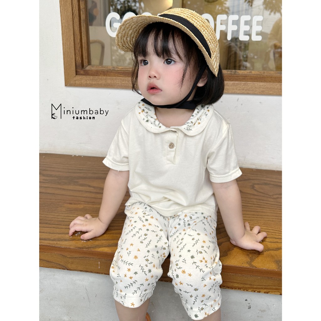 Bộ cộc tay cổ sen bé gái Miniumbaby, bộ cộc lửng bé gái chất cotton mềm mịn bé đi học đi chơi SB1537