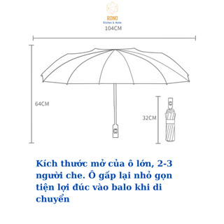 Ô Dù Che Mưa Đi Nắng Vải Dù, Ô Gấp Gọn, Chống Tia UV, Chống Thấm Nước, Đóng Mở Tự Động, Rộng 104cm