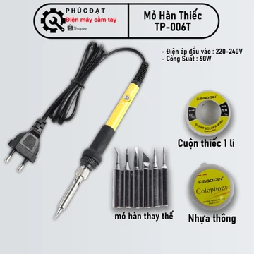 Mỏ hàn thiếc điều chỉnh nhiệt độ TP-006A 60W, tay hàn nhiệt + nhựa thông + thiếc hàn + 5 mũi hàn. Mỏ hàn nhỏ gọn.