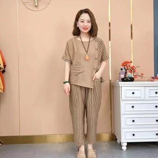 Set bộ trung niên form rộng cạp chun chất đũi lụa cao cấp siêu thoáng mát A68