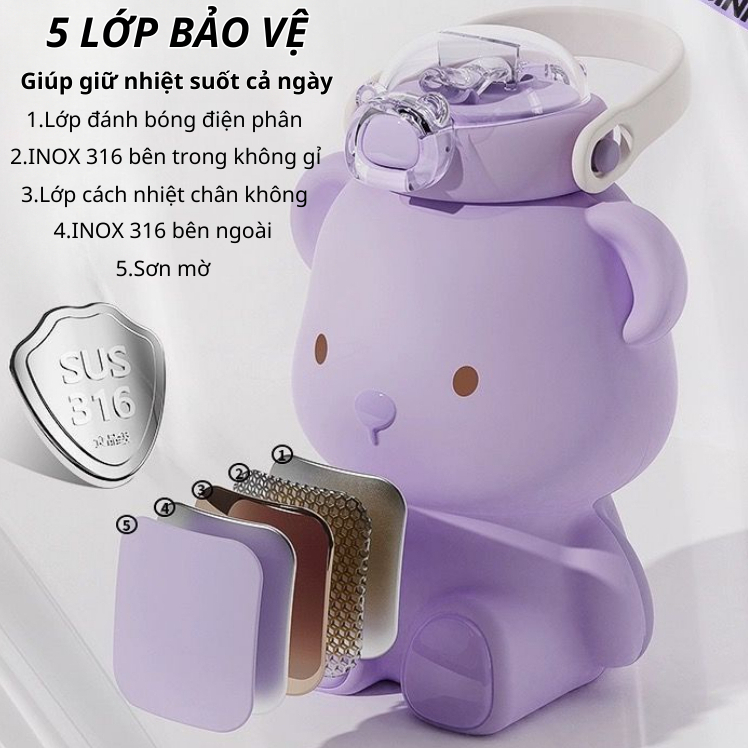 Bình nước giữ nhiệt hình gấu dung tích 450ml inox 316, bình giữ nhiệt cute cho bé mang đi học hoạ tiết dễ thươg bear450