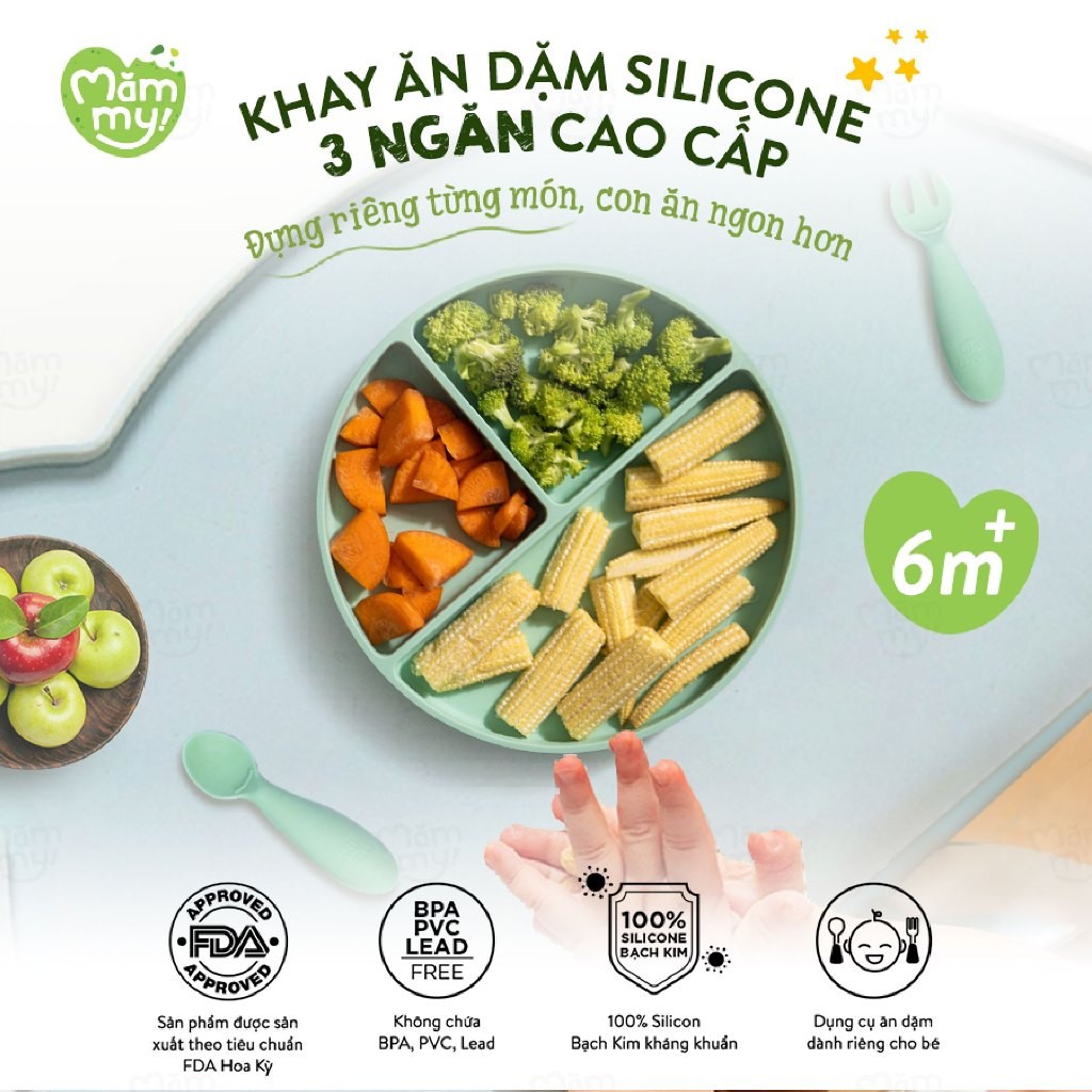 Khay Ăn Dặm Silicon 3 Ngăn Cao Cấp Silicone Food Tray Giúp Bé Ăn Dặm Dễ Dàng Với Thiết Kế Đặc Biệt Đế Hít Chố