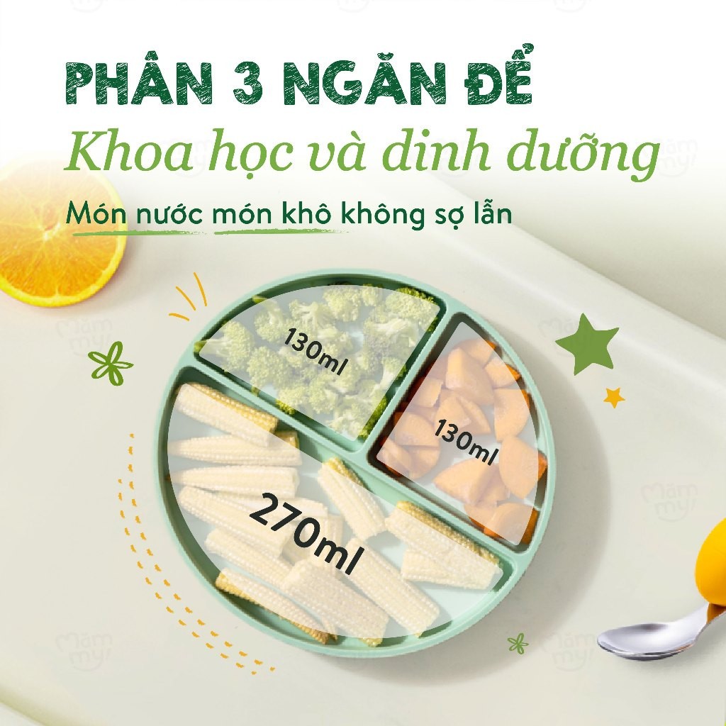 Khay Ăn Dặm Silicon 3 Ngăn Cao Cấp Silicone Food Tray Giúp Bé Ăn Dặm Dễ Dàng Với Thiết Kế Đặc Biệt Đế Hít Chố