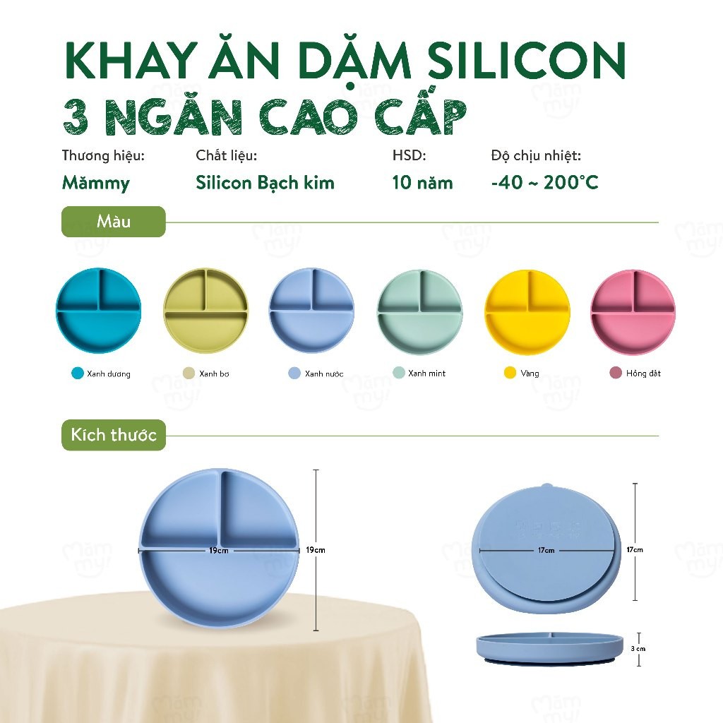 Khay Ăn Dặm Silicon 3 Ngăn Cao Cấp Silicone Food Tray Giúp Bé Ăn Dặm Dễ Dàng Với Thiết Kế Đặc Biệt Đế Hít Chố