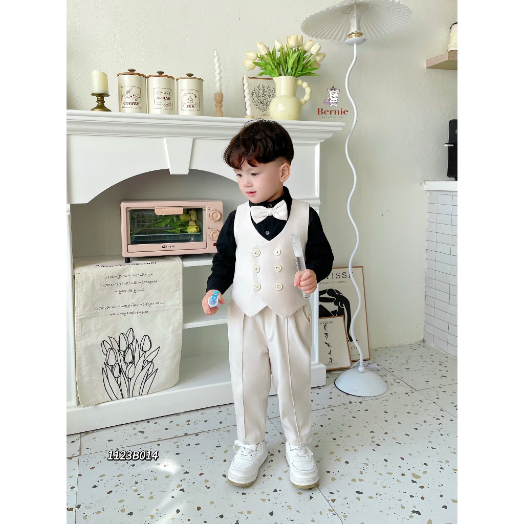 [Chính hãng Bernie] Set vest gile kèm sơ mi bảnh bao bé trai, bộ gile kèm sơ mi phong cách công tử (tặng kèm nơ)