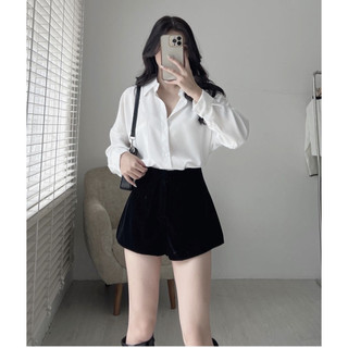 Quần short nhung trơn cạp liền lưng cao ôm dáng
