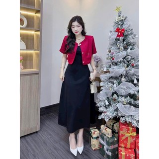 Đầm nữ mặc đi chơi Tết chất thun tăm hai dây váy maxi dáng xoè phối áo khoác lennin tay ngắn thời trang